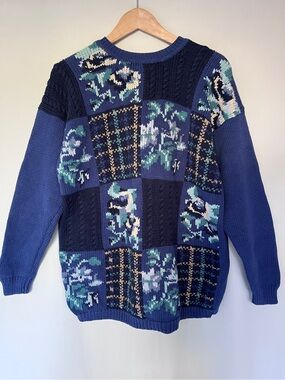 Kari 100% Cotton Patchwork Sweater | Floral Plaid Cottagecore Knit Vintage 90s M